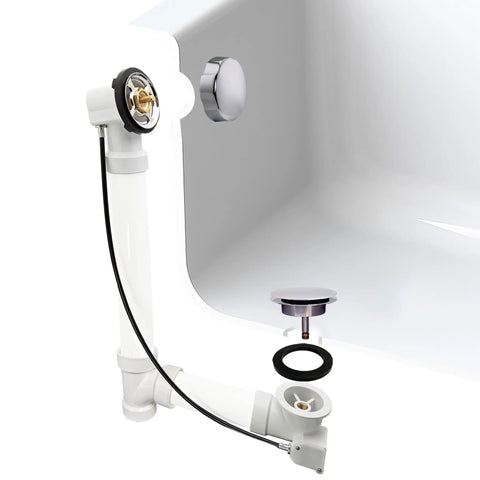 Heavy Duty Bathtub Drain Trim Kit Featuring Rotary Overflow Control Knob And Pop Up Stopper components installed in a bathtub.