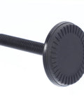 Heavy Duty Adjustable Furniture Levelers With Swivel Base For Tables And Cabinets Foolproof Install Silent Nonskid Stainless Steel Legs For Office And Home Workspaces, close-up of black threaded leveler foot.