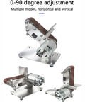 Heavy Duty Electric Belt Sander with 0-90 Degree Adjustable Work Table, showcasing motor and adjustable work angles, compact design.