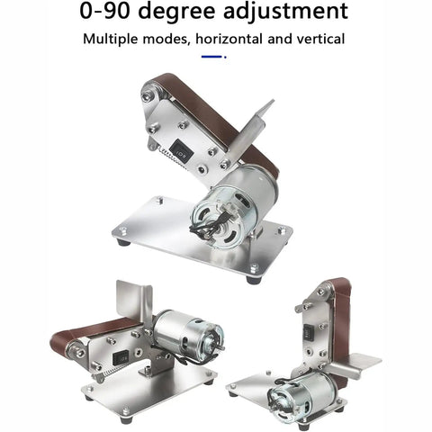 Heavy Duty Electric Belt Sander with 0-90 Degree Adjustable Work Table, showcasing motor and adjustable work angles, compact design.