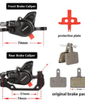 Acciaiie MT200 Shimano e-bike hydraulic brake set; front and rear black calipers with red protective plate and original pads