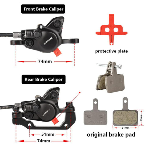 Acciaiie MT200 Shimano e-bike hydraulic brake set; front and rear black calipers with red protective plate and original pads