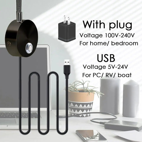 Bedside Wall Mounted Reading Light With Touch Dimmable 3W LED And Three Color Temperatures, USB and plug options shown
