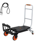 Folding 2-In-1 Hand Truck and Platform Cart for Heavy Duty Loads, 330 Lbs Capacity, Convertible Dolly with 360 Degree Brake Wheels, Lightweight Rustproof Aluminum Steel Frame folded with cord and strap