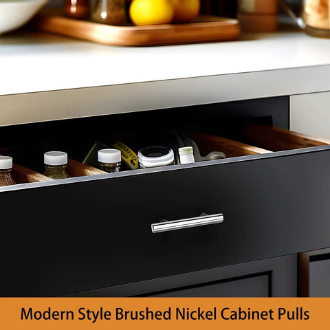 Drawer with modern brushed nickel cabinet pull and organized spices
