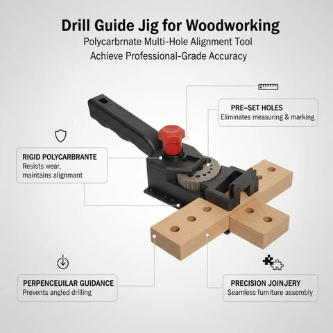 Rock Solid Woodworking Drill Guide Jig For Dead On Accurate Dowel Holes And No Sweat Furniture Assembly with polycarbonate material and pre-set holes.