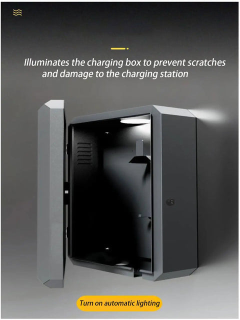 Premium Rock Solid Heavy Duty Electric Vehicle Charger Cover opened with illuminated interior to protect charging station.
