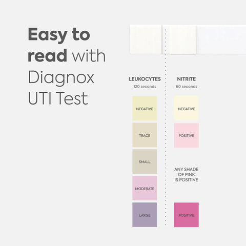 At-Home UTI Test Strips For Quick, Everyday Checks Of Urinary Health, 6 Count, Easy Dip Test Kit For Early Detection And Ongoing Monitoring And Real-Time Feedback. Diagnox read chart for leukocytes and nitrite results