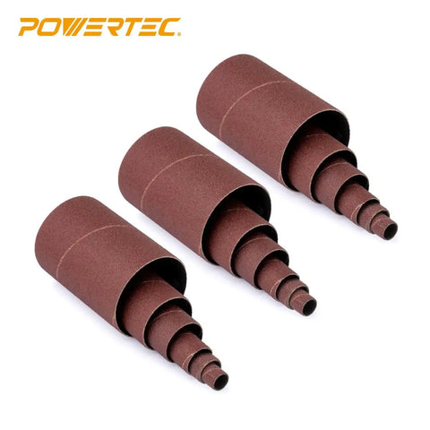 Pro Grade 4.5 Inch Sanding Sleeves Set For Spindle Sander Aluminum Oxide 18 Piece Assortment stacked in various sizes side view