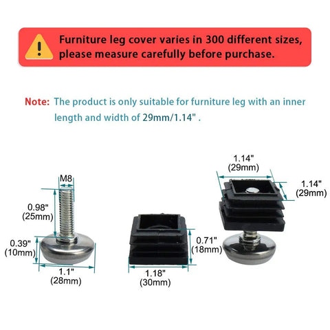 Diagram showing M8 Leveling Feet 30x30mm Square Insert, adjustable glide parts with measurements and installation details.