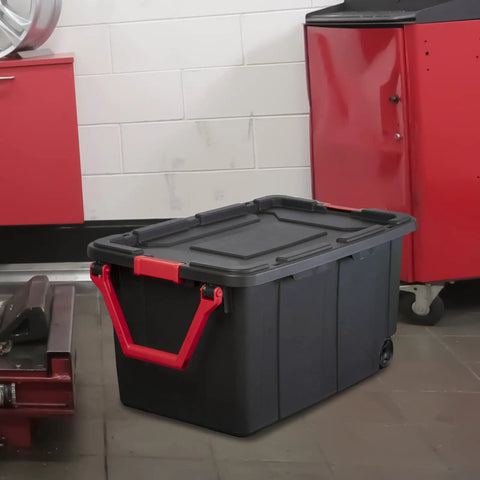 Beefy 40 Gallon Plastic Storage Bins 2 Pack With Durable Lids And Secure Latching Buckles in a garage setting