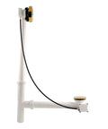Top Shelf Smooth Operation Heavy Duty Cable Drive Bathtub Drain Trim Kit With 27 Inch Pull Chain Rotary Overflow Knob and Pop Up Stopper Plus Polished Brass Poly Tubular Pipe and Hardware Set with white pipe and black cable.