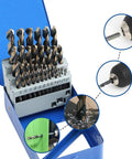 High Speed Steel Drill Bit Set With Five Percent Cobalt 29 Pieces Black And Gold Finish 135 Degree Split Point in blue case