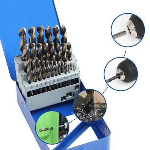 High Speed Steel Drill Bit Set With Five Percent Cobalt 29 Pieces Black And Gold Finish 135 Degree Split Point in blue case