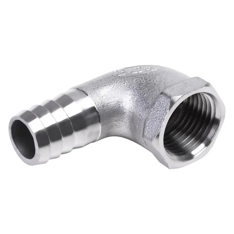 Stainless Steel 5/8 Inch Hose Barb To 1/2 Inch Female NPT 90 Degree Elbow Pipe Fitting For Home Brew, side view of barbed connector