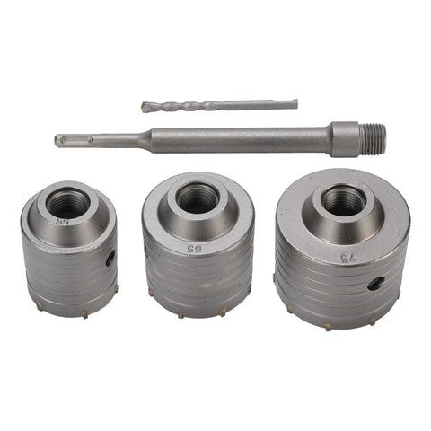 Concrete Hole Saw Kit With 55mm 65mm 75mm Tungsten Steel Triple Tooth Cutter For Efficient Chip Removal For Hollow Brick And Cement Walls AC Pipe Installation Includes Durable Storage Case Built Tough Pro Grade. 55 65 75mm cutters with drill bit