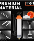 Front view of HORUSDY 500cc automotive fluid extractor with clear bottle, orange cap, manual pump, and two 9-inch hoses.