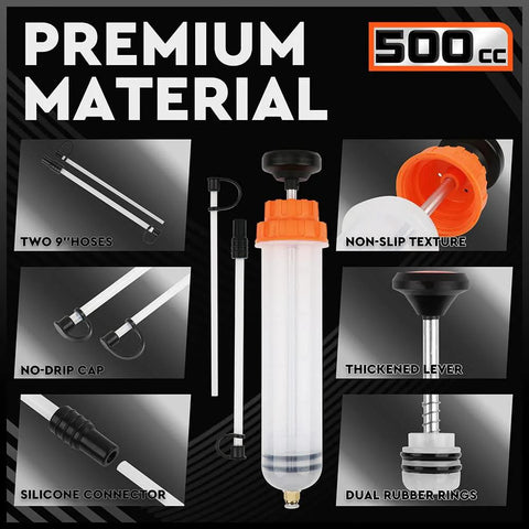 Front view of HORUSDY 500cc automotive fluid extractor with clear bottle, orange cap, manual pump, and two 9-inch hoses.