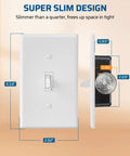 Smooth Operating Digital Toggle Dimmer Switch Single Pole Or Three Way Rock Solid Wall Panel, super slim design with dimensions next to a quarter.