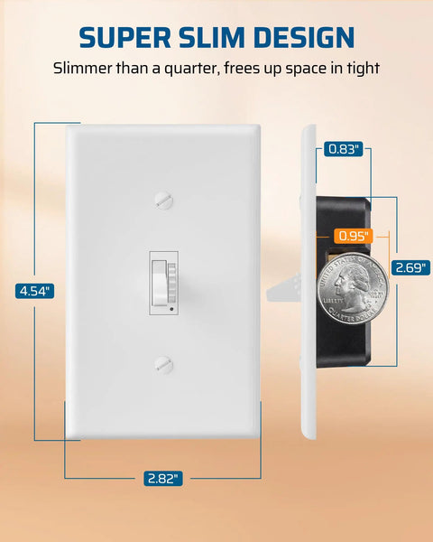 Smooth Operating Digital Toggle Dimmer Switch Single Pole Or Three Way Rock Solid Wall Panel, super slim design with dimensions next to a quarter.