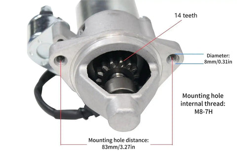 Close-up view of 12V Electric Starter Motor with 14 Teeth for 420cc Generators, highlighting 14-tooth pinion and mounting details.