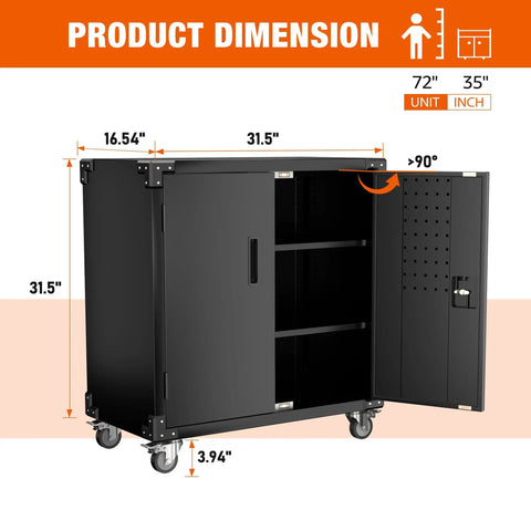 Heavy Duty Metal Rolling Storage Cabinet With Pegboard Locking Steel Cabinet On Wheels 35.4 Inch Tall dimensions.