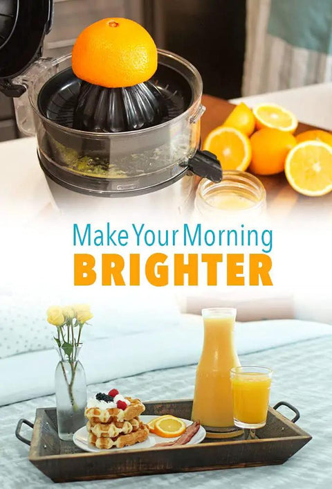Compact Automatic Citrus Juicer With Hands Free Electric Press For Fresh Orange Lemon Lime Extract in use with oranges.