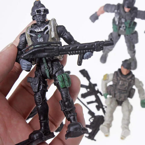 12 Pack US Military Toy Soldiers Action Figures With Realistic Weapons Gear And Combat Accessories For Kids Pretend Battle Play Set, soldier in black gear