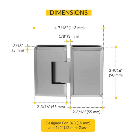 Dimensions of the heavy duty adjustable glass to glass shower door hinge 180 degree solid forged brass with satin chrome finish Brixwell.
