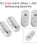 4-Piece Bellhousing Dowel Pin Set 0.625 OD 0.014 Offset 1.328 Inch Length Direct Replacement for Automotive Transmissions 37936 Pack of 4 Pro Grade Precision Fit Easy Install Durable Steel visible in the image, showing four silver steel pins with one close-up view, emphasizing their precision fit and durability.