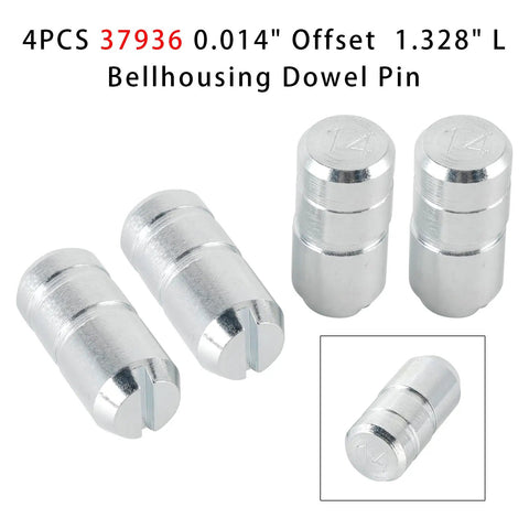 4-Piece Bellhousing Dowel Pin Set 0.625 OD 0.014 Offset 1.328 Inch Length Direct Replacement for Automotive Transmissions 37936 Pack of 4 Pro Grade Precision Fit Easy Install Durable Steel visible in the image, showing four silver steel pins with one close-up view, emphasizing their precision fit and durability.