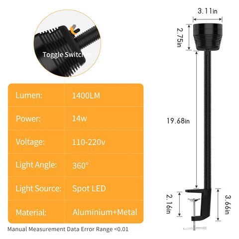 Diagram and specifications of Industrial LED Machine Light With 360 Degree Gooseneck, IP66 Waterproof 1400 Lumens, 110V-220V