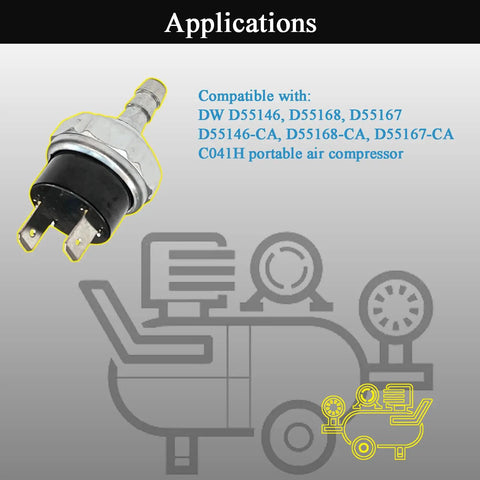 Easy Install Air Compressor Pressure Switch 180 to 225 PSI Replacement for 110 120 240 Volt AC or 12 24 Volt DC shown with compatibility
