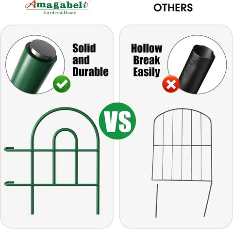 Comparison of solid, durable green metal garden fence kit versus hollow competitors.