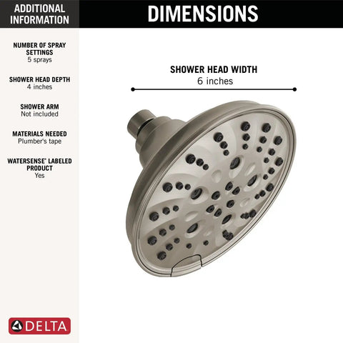 Universal Showering Components Showerhead With Lumicoat Stainless Finish For Easy Wipe Clean And Mineral Buildup Resistant H2Okinetic Technology Delivers More Water And Powerful Coverage With PowerDrench Spray, 6-inch head