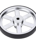 Beefy 90mm industrial robot wheel with built-in D type steel shaft hub, metal wheel featuring rubber tread for superior traction.