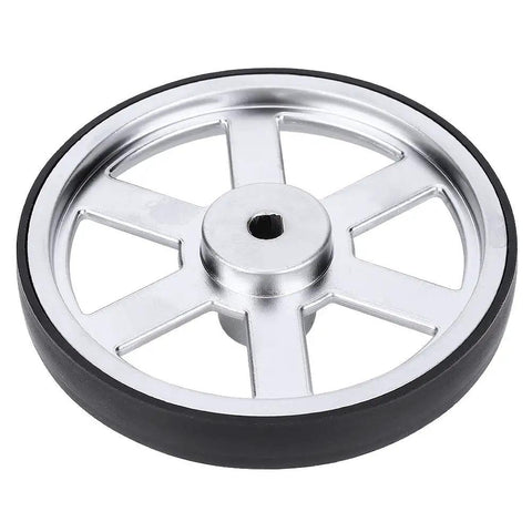 Beefy 90mm industrial robot wheel with built-in D type steel shaft hub, metal wheel featuring rubber tread for superior traction.