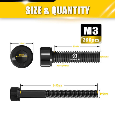 Illustration of M3 X 30mm Hex Socket Head Cap Screws Set, 200 Pieces, 12.9 Grade Alloy Steel, Black Zinc Plated, Allen Drive, Half-Thread Machine Screws