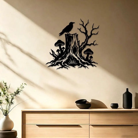 Rustic Black Raven On Tree Stump Hollow Metal Wall Art Sign Durable Cutout Home Decor For Chill Cabin Vibes Totally Sleek Powder Coating Rock Solid Steel Frame