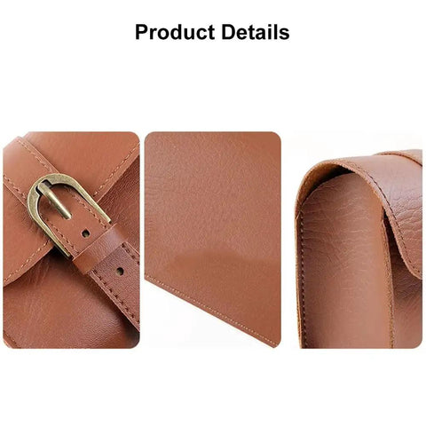 Slick Retro Faux Leather Handlebar Bag For Happy E Bike Off Road MTB With Secure Metal Buckles Weatherproof Pouch For Gravel Riders close-up buckle and stitched faux leather