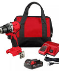 Compact 18 Volt Brushless Drill Driver Kit Built For Tight Squeeze Projects And Quick Fastening Operations Featuring Solid Cordless Power Delivering Serious Kickass Performance Daily, includes battery, charger and carry bag.