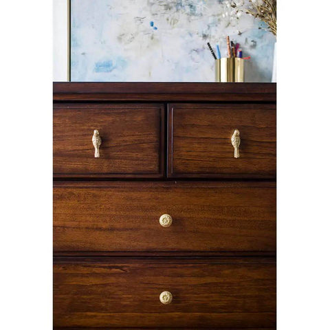 Dresser featuring Brass Bird Knob Door Handle for Cabinets and Drawers, adding a decorative accent, solid brass, oxidation resistant finish