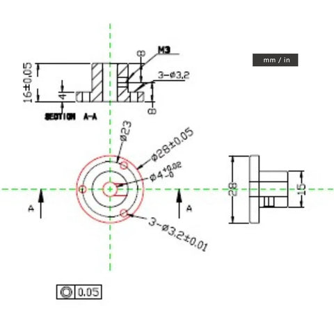 Technical drawing of an Aluminum Shaft Coupler 4mm Connector for Mecanum Wheel 28mm OD and 16mm Hole Precision Fit
