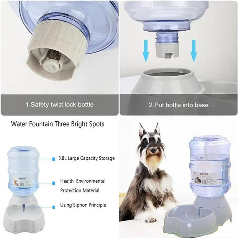 No Sweat Gravity Dog And Cat Feeder Set With Water Dispenser Includes Two Three Gallon Bowls for easy setup and use.