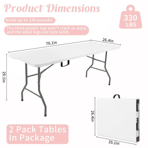 Six Foot Portable Folding Table With Steel Legs White Rectangle Top Fold In Half With Carry Handle Durable HDPE Surface Ideal For Grab And Go Parties Weddings Camping Picnics Indoor Outdoor Events Setup In Seconds shown folded and open