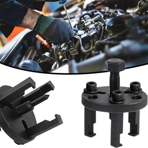 Mechanic using All In One Auto AC Repair Wrench Set With Clutch Removal Tools on engine, close-up of tool in foreground.