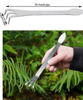 Person holding 4 Pack Bonsai Rake Set Stainless Steel Root Rake Mini Kumade in garden with size and material display.