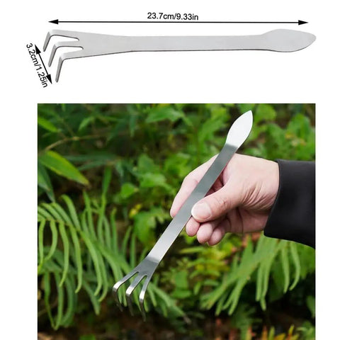 Person holding 4 Pack Bonsai Rake Set Stainless Steel Root Rake Mini Kumade in garden with size and material display.