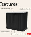Store It Out Prime Outdoor Resin Storage Shed With Easy Lift Hinges 4.3 By 3.7 Ft features shown including heavy duty floor and trash bin kit.