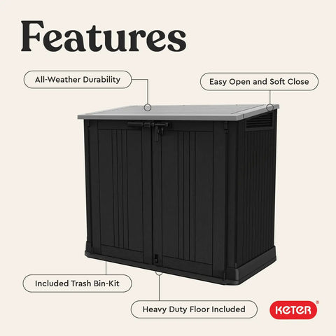 Store It Out Prime Outdoor Resin Storage Shed With Easy Lift Hinges 4.3 By 3.7 Ft features shown including heavy duty floor and trash bin kit.